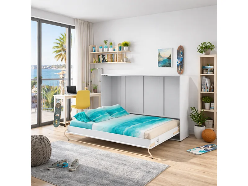 Lenart Armoire Lit escamotable Horizontal 140x200 cm Blanc brillant Lit Rabattable Lit Mural Consus pro