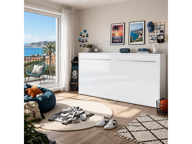 Lenart Armoire Lit escamotable Horizontal 140x200 cm Blanc brillant Lit Rabattable Lit Mural Consus pro