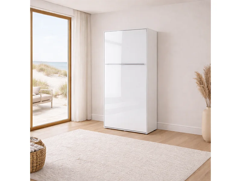 Lenart Armoire Lit escamotable Vertical 90x200 cm Blanc brillant Lit Rabattable Lit Mural Consus pro