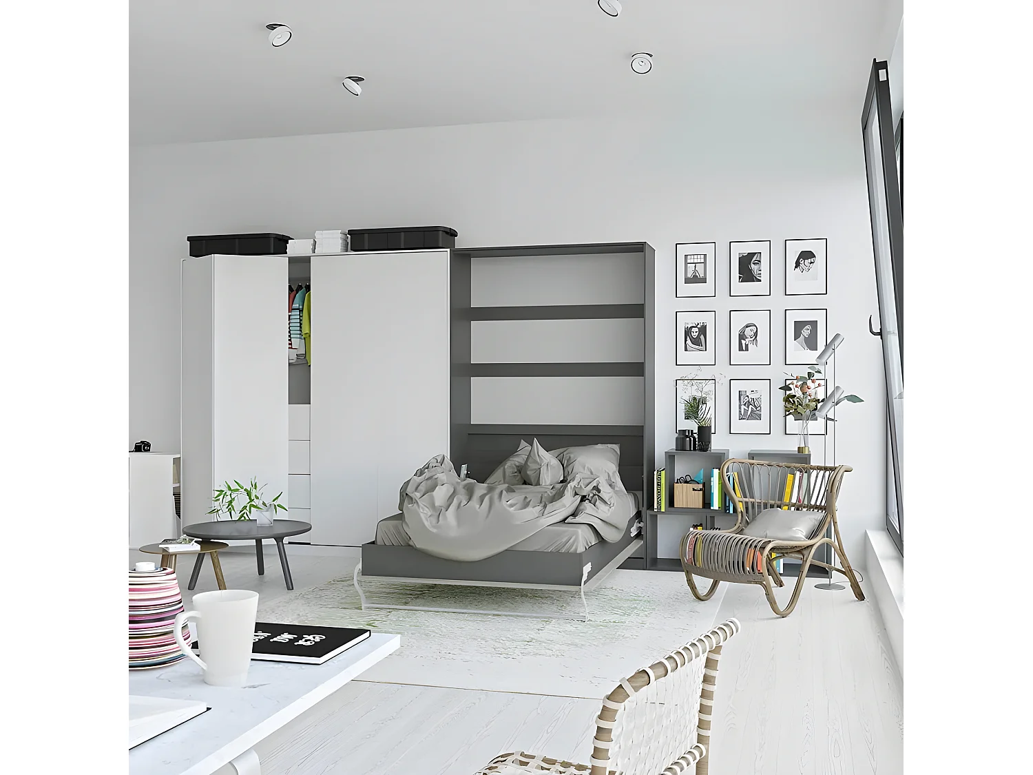 Armoire Lit escamotable 120x200cm Vertical Lit Rabattable Lit Mural Supérieur Anthracite/Chêne Sonoma