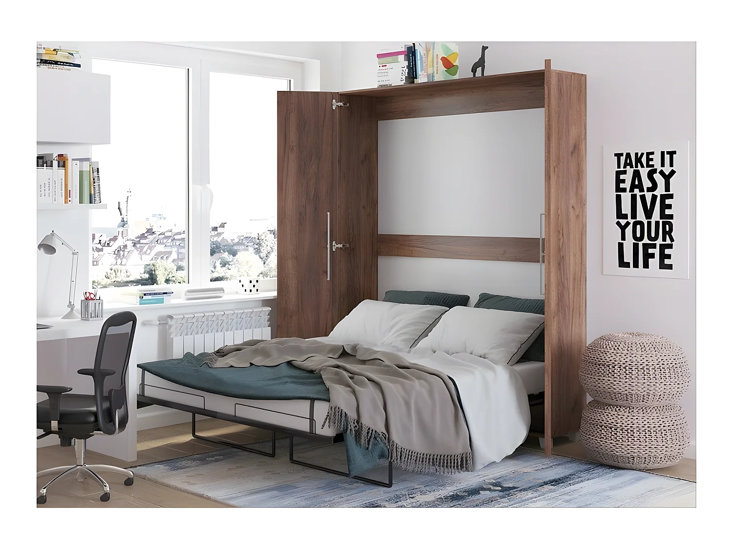 Armoire Lit escamotable Vertical 160x200 cm couleur Tabac foncé avec porte Lit Rabattable Lit Mural Todor