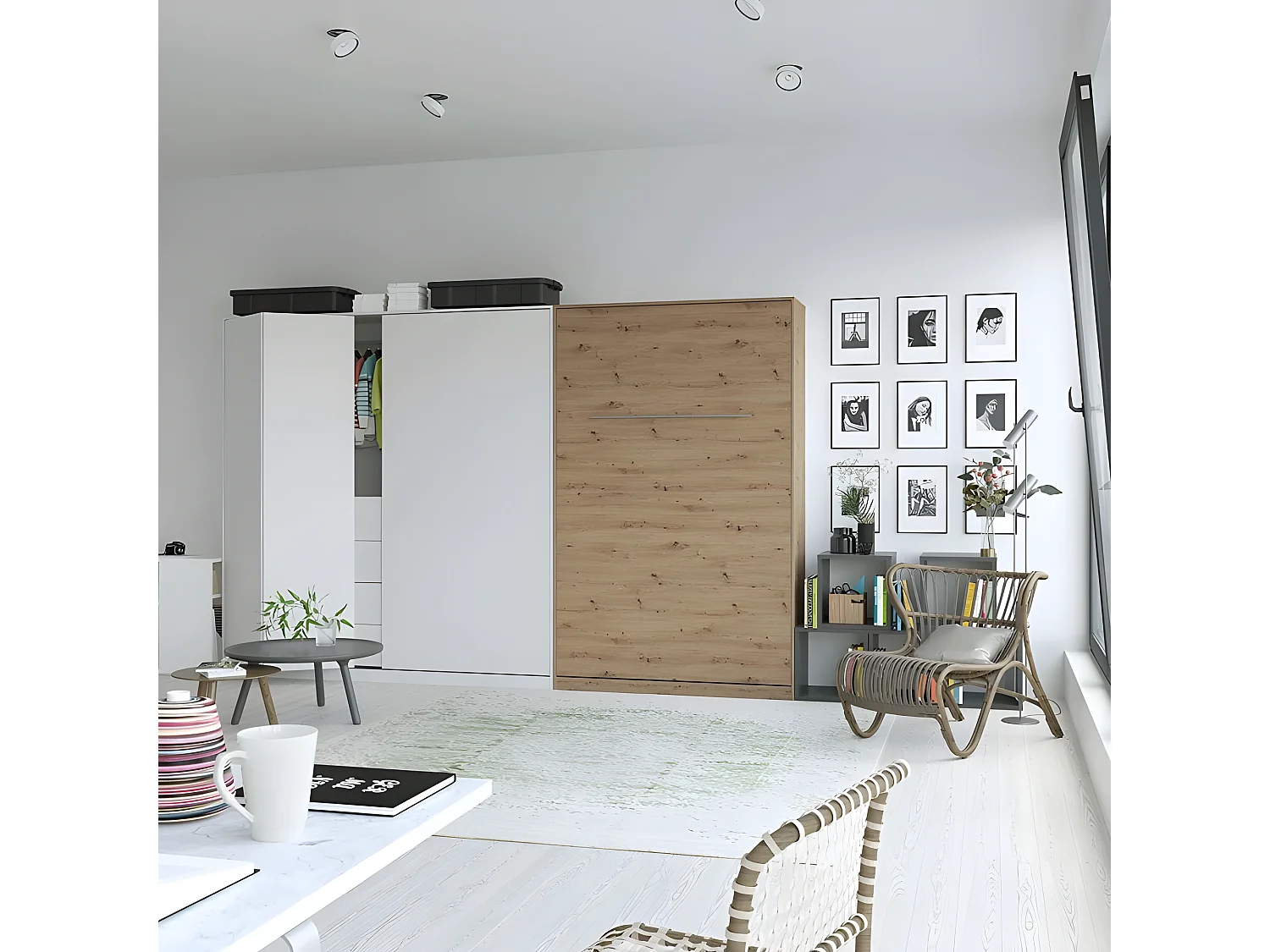 Armoire Lit escamotable 120x200cm Vertical Lit Rabattable Lit Mural Supérieur Chêne Sauvage/Chêne Sauvage