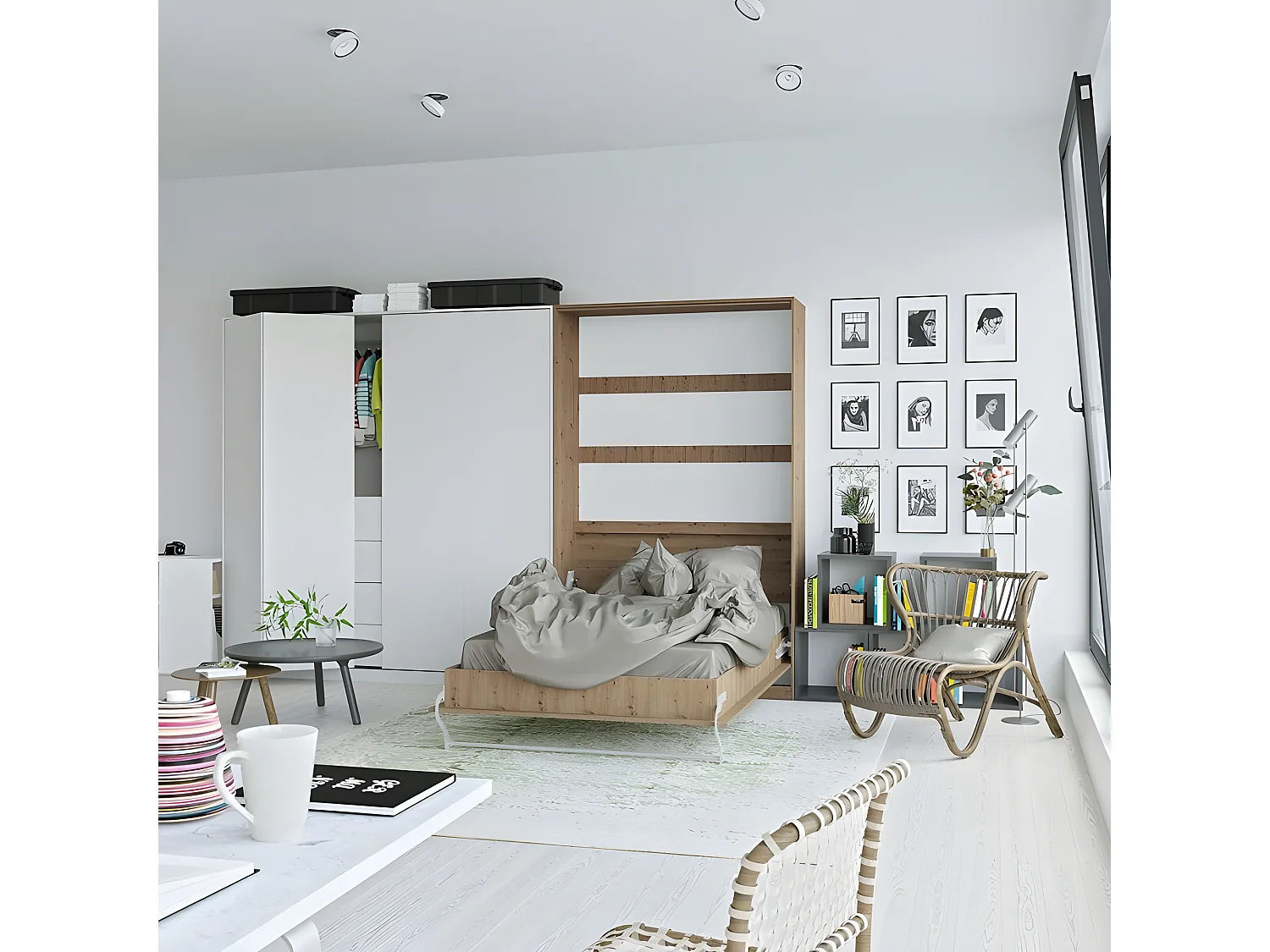 Armoire Lit escamotable 120x200cm Vertical Lit Rabattable Lit Mural Supérieur Chêne Sauvage/Chêne Sauvage