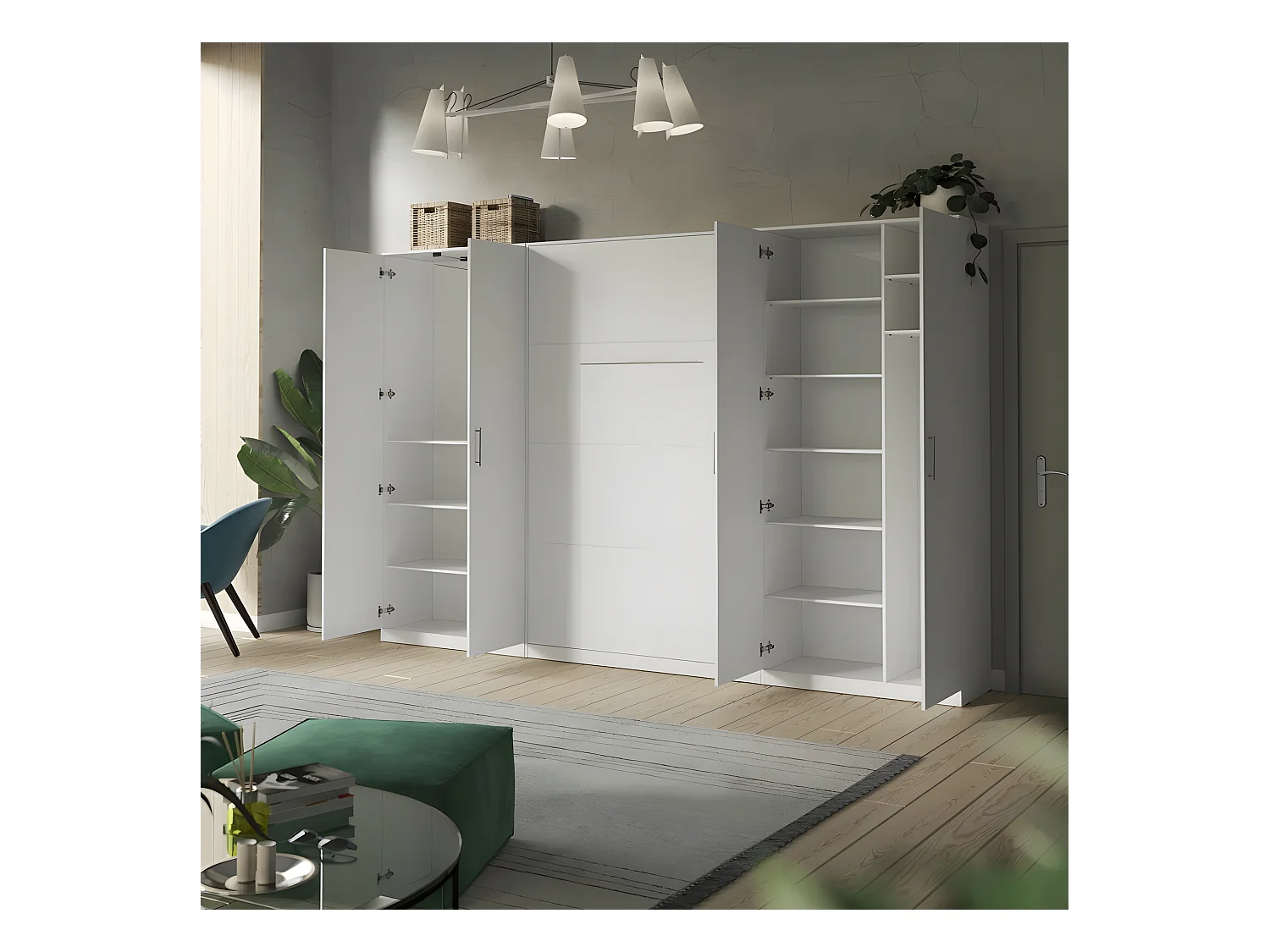 Lit escamotable +2 Placards Vertical 90x200+(80x2)cm Lit Rabattable Lit Mural Standard Blanc/blanc