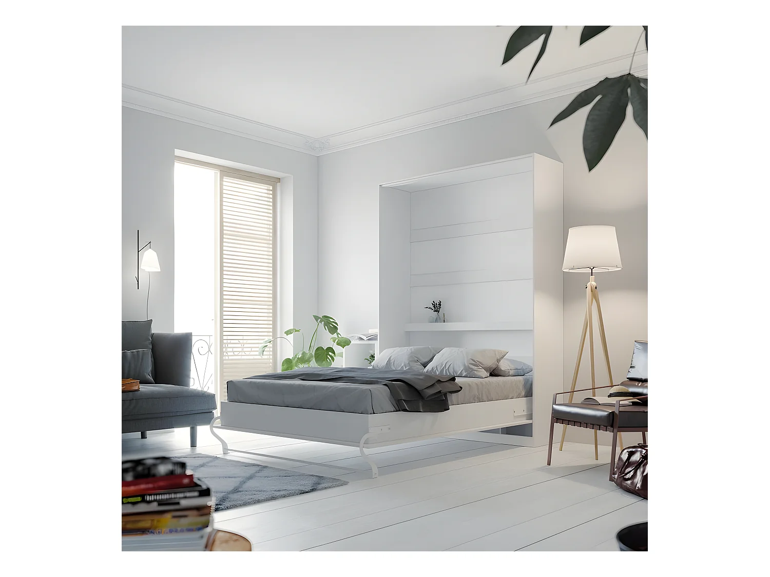 Lit escamotable +2 Placards Vertical 90x200+(80x2)cm Lit Rabattable Lit Mural Standard Blanc/blanc