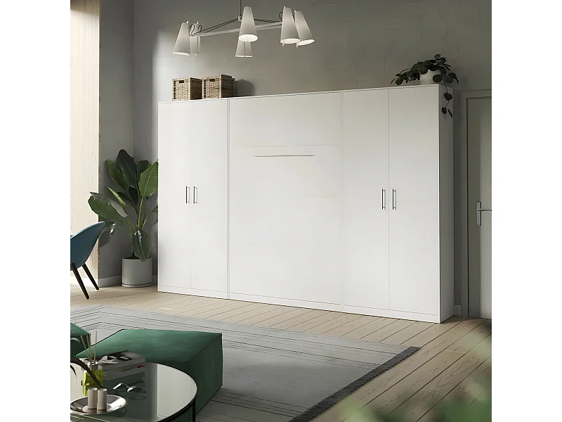 Lit escamotable +2 Placards Vertical 90x200+(80x2)cm Lit Rabattable Lit Mural Standard Blanc/blanc