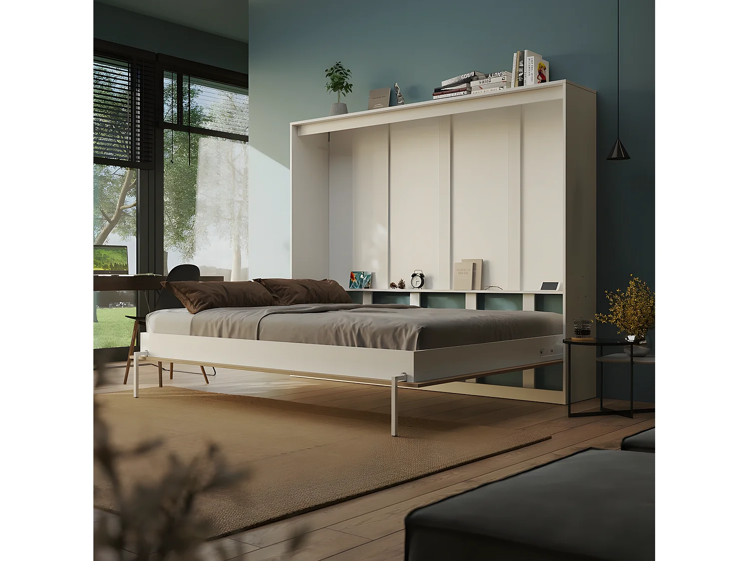Armoire Lit escamotable 160x200cm Blanc/Chêne Sauvage Horizontal Lit Rabattable Lit Mural C*Adore