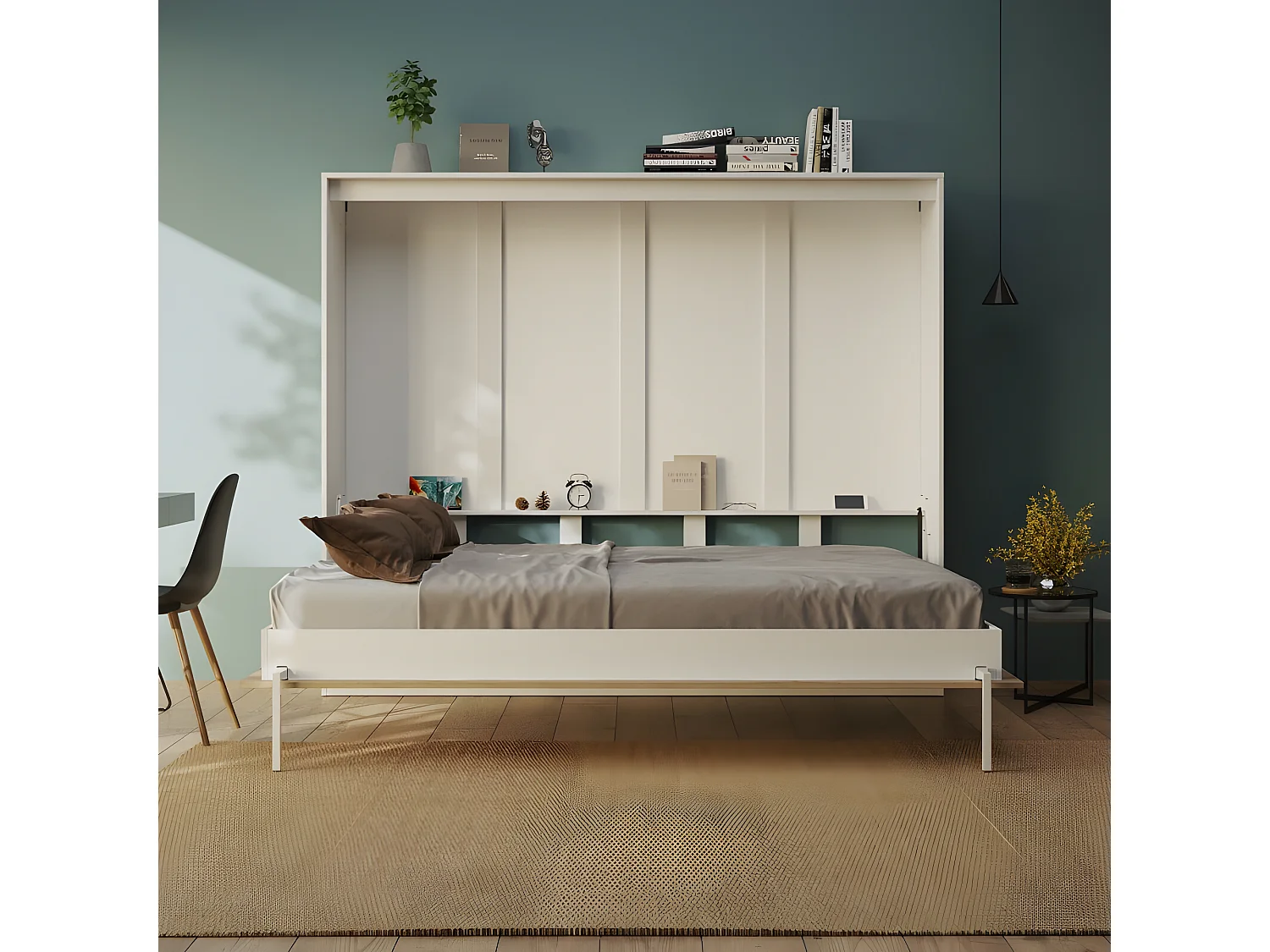Armoire Lit escamotable 160x200cm Blanc/Chêne Sauvage Horizontal Lit Rabattable Lit Mural C*Adore