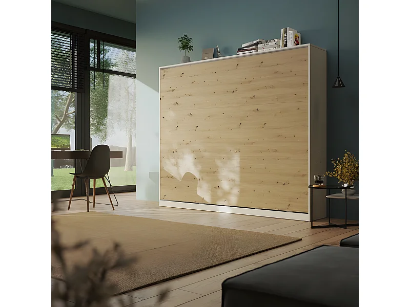 Armoire Lit escamotable 160x200cm Blanc/Chêne Sauvage Horizontal Lit Rabattable Lit Mural C*Adore
