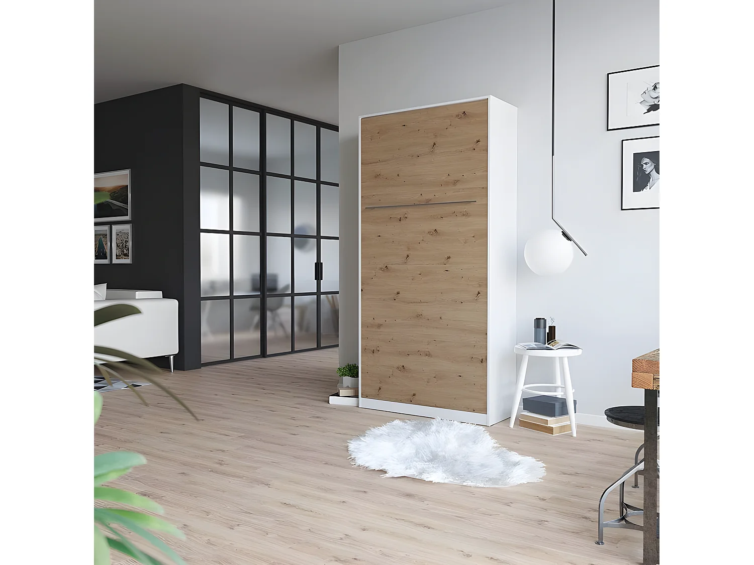 Armoire Lit escamotable 90x200cm Vertical Lit Rabattable Lit Mural Supérieur Blanc/Chêne Sauvage