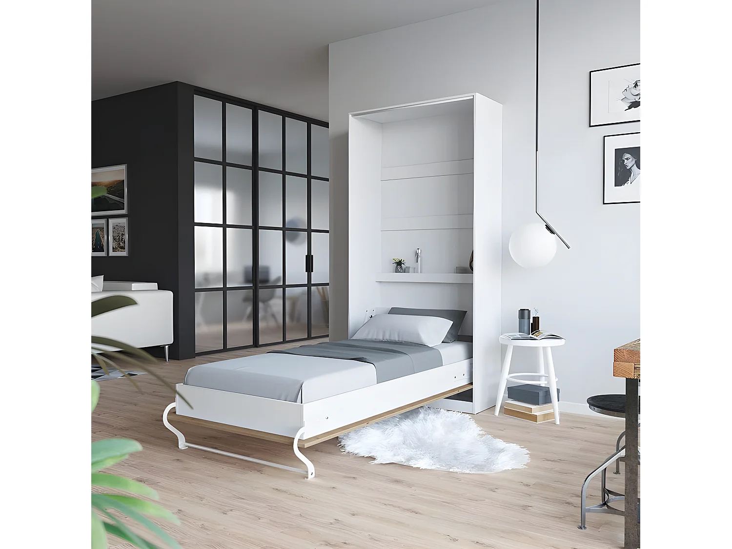 Armoire Lit escamotable 90x200cm Vertical Lit Rabattable Lit Mural Supérieur Blanc/Chêne Sauvage