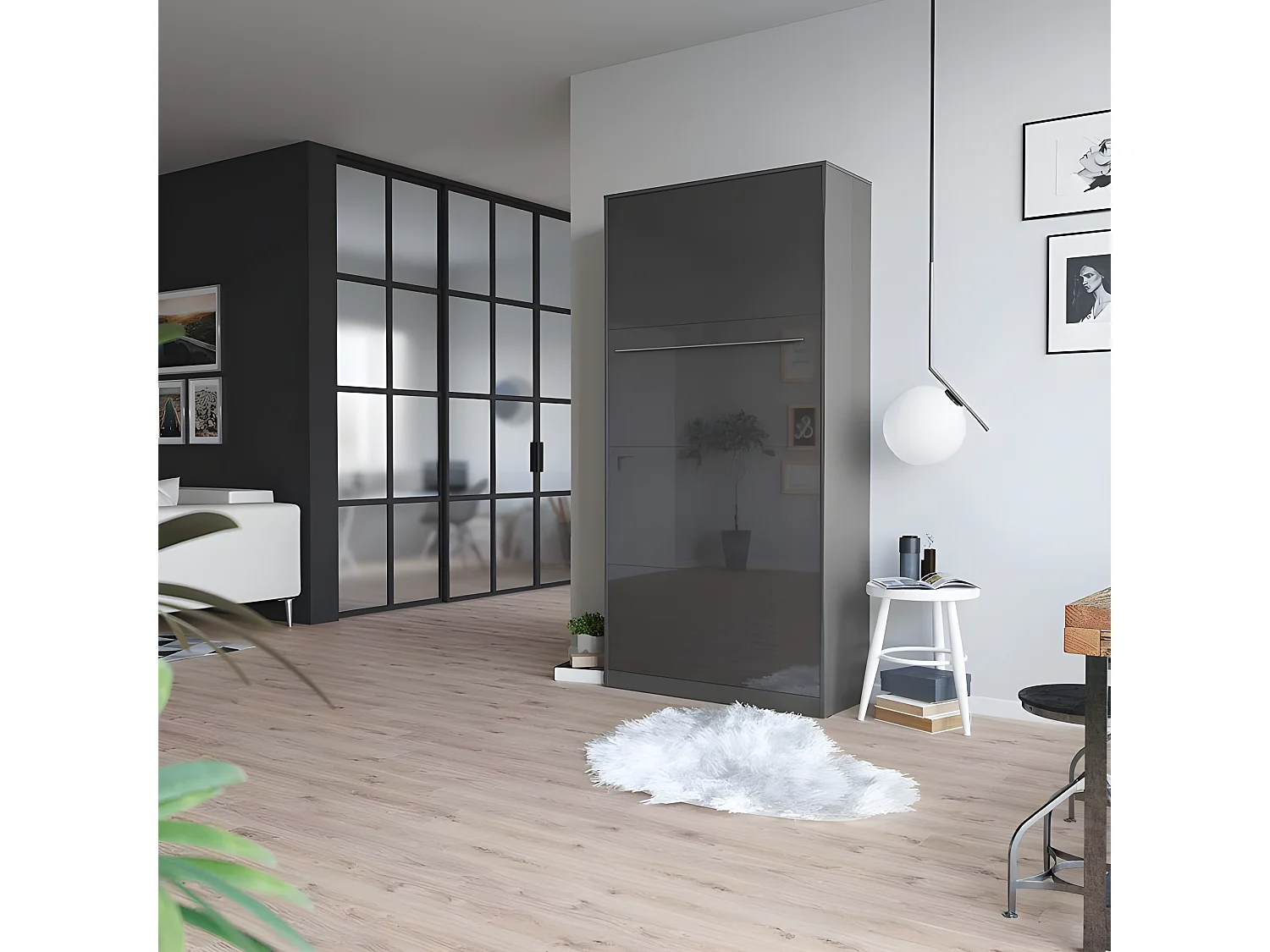 Armoire Lit escamotable 90x200cm Vertical Lit Rabattable Lit Mural Supérieur Anthracite/Anthracite brillant