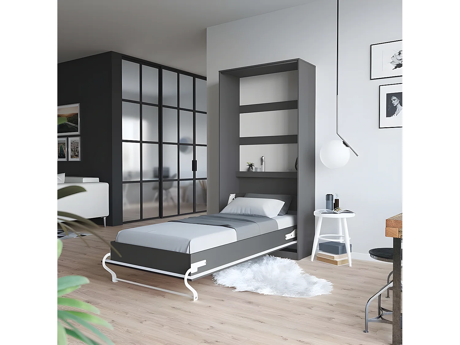 Armoire Lit escamotable 90x200cm Vertical Lit Rabattable Lit Mural Supérieur Anthracite/Anthracite brillant