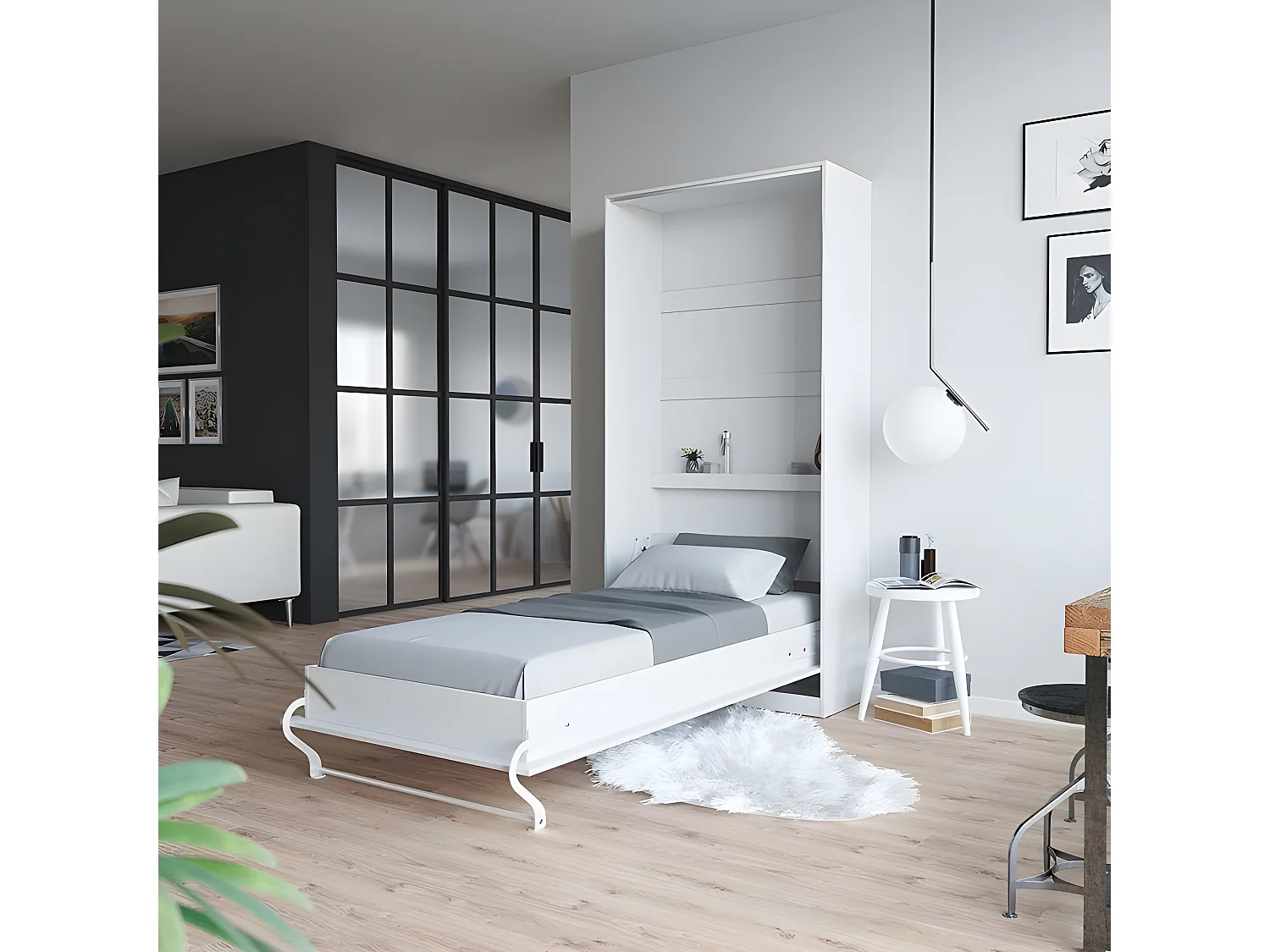 Armoire Lit escamotable 90x200cm Vertical Lit Rabattable Lit Mural Supérieur Blanc/blanc