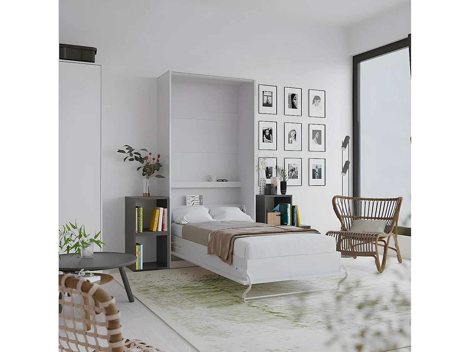 Armoire Lit escamotable 90x200cm Vertical Lit Rabattable Lit Mural Supérieur Blanc/Blanc brillant