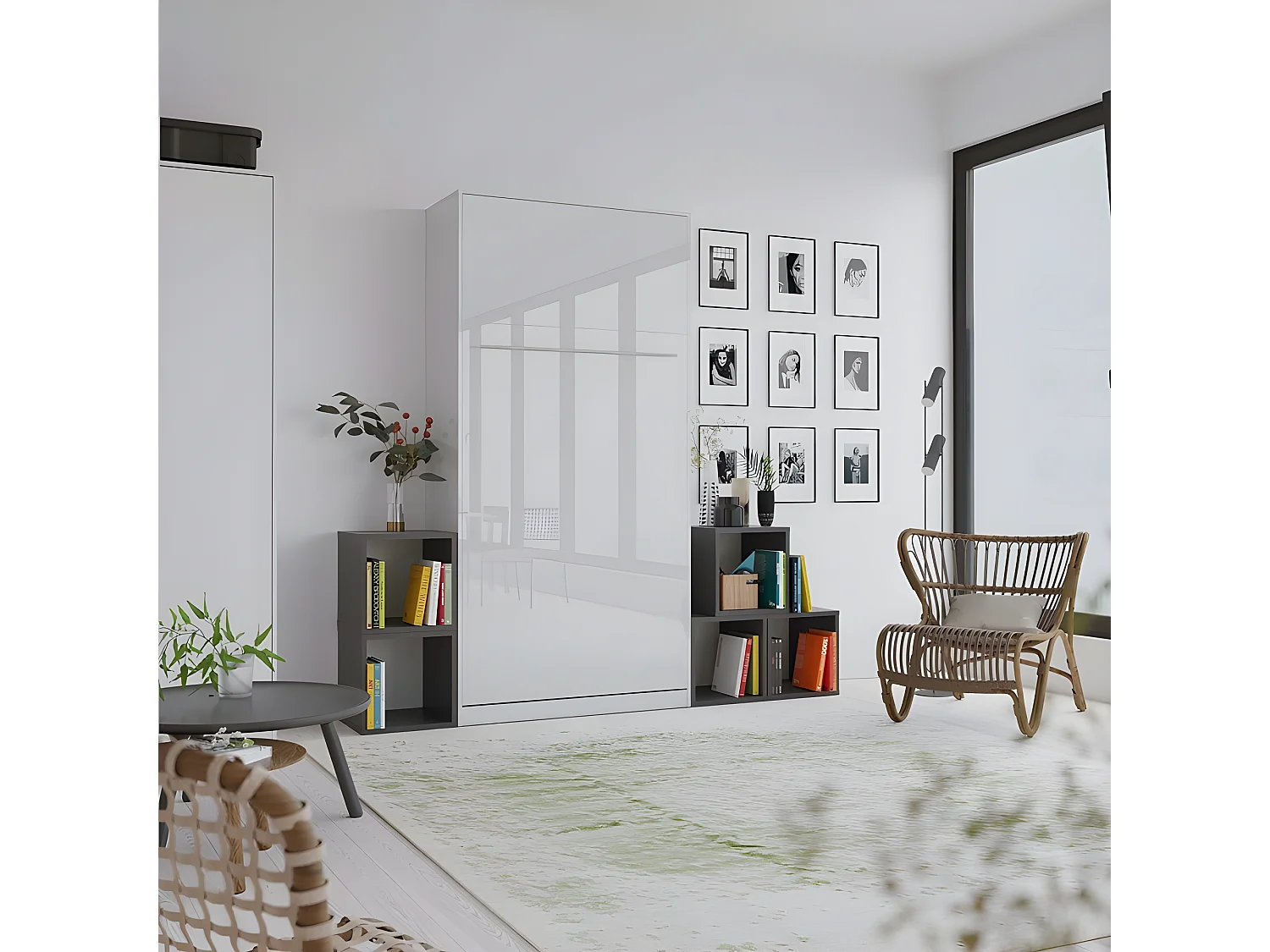 Armoire Lit escamotable 90x200cm Vertical Lit Rabattable Lit Mural Supérieur Blanc/Blanc brillant