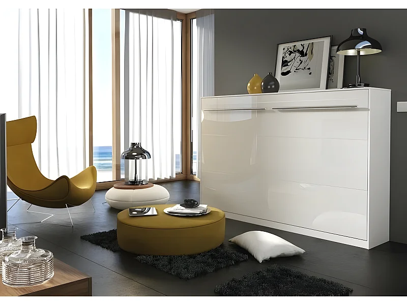 Lenart Armoire Lit escamotable Horizontal 90x200 cm Blanc brillant Lit Rabattable Lit Mural Consus pro