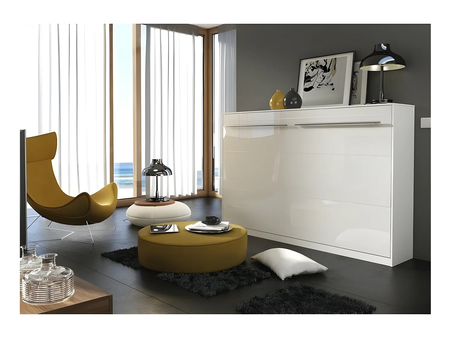 Lenart Armoire Lit escamotable Horizontal 90x200 cm Blanc brillant Lit Rabattable Lit Mural Consus pro