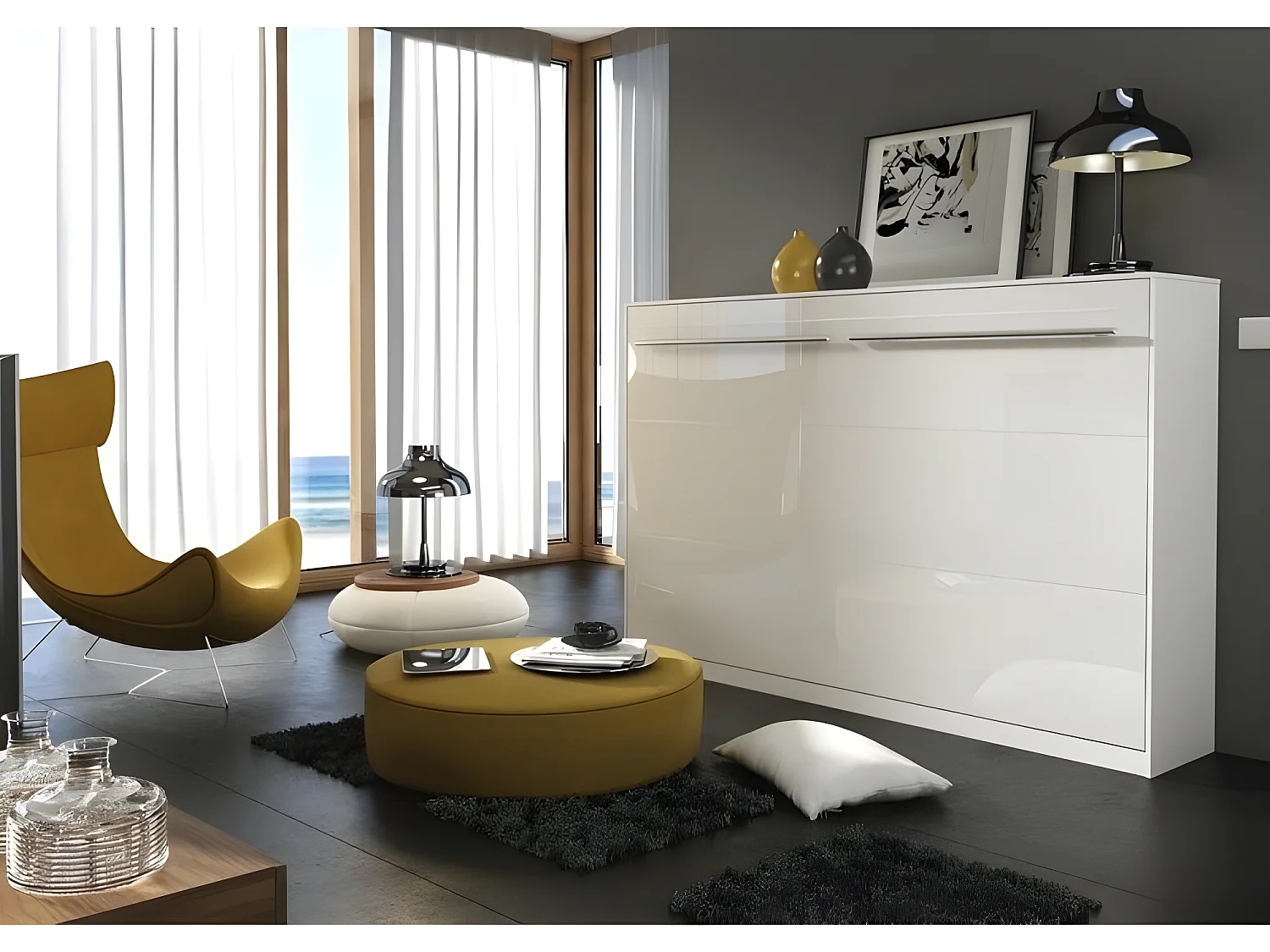 Lenart Armoire Lit escamotable Horizontal 90x200 cm Blanc brillant Lit Rabattable Lit Mural Consus pro