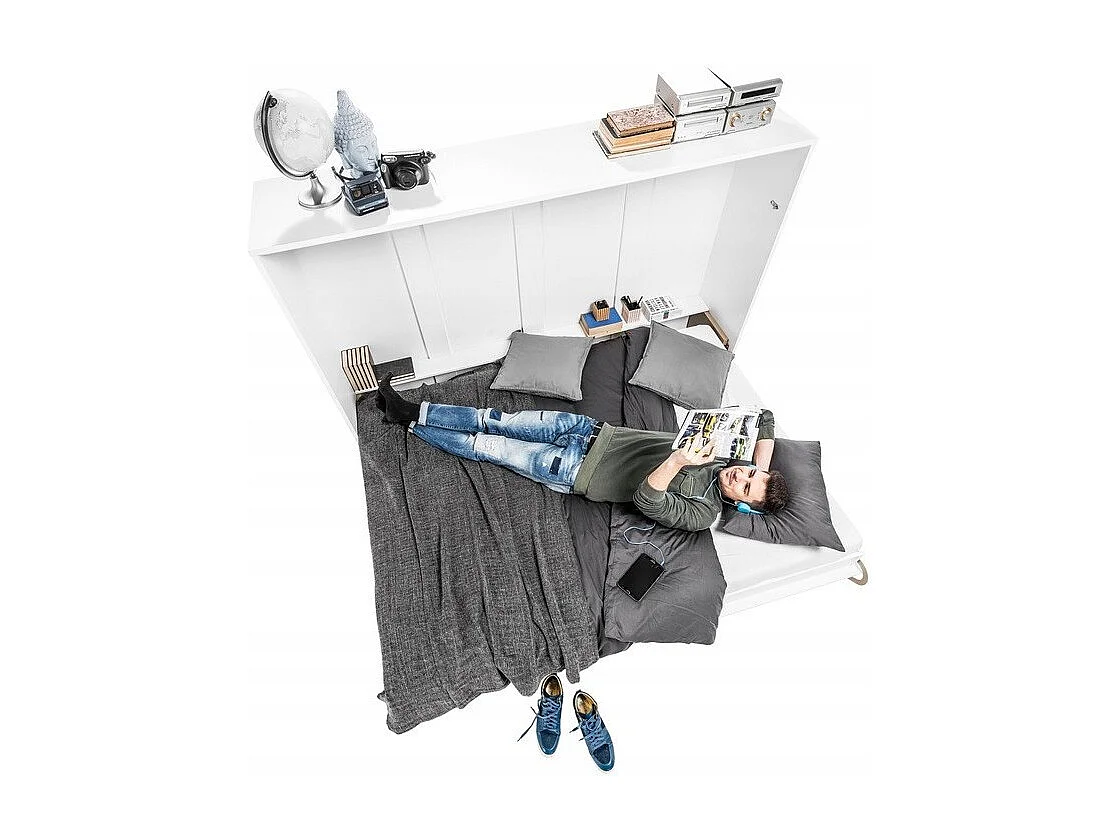 Lenart Armoire Lit escamotable Horizontal 90x200 cm Blanc brillant Lit Rabattable Lit Mural Consus pro