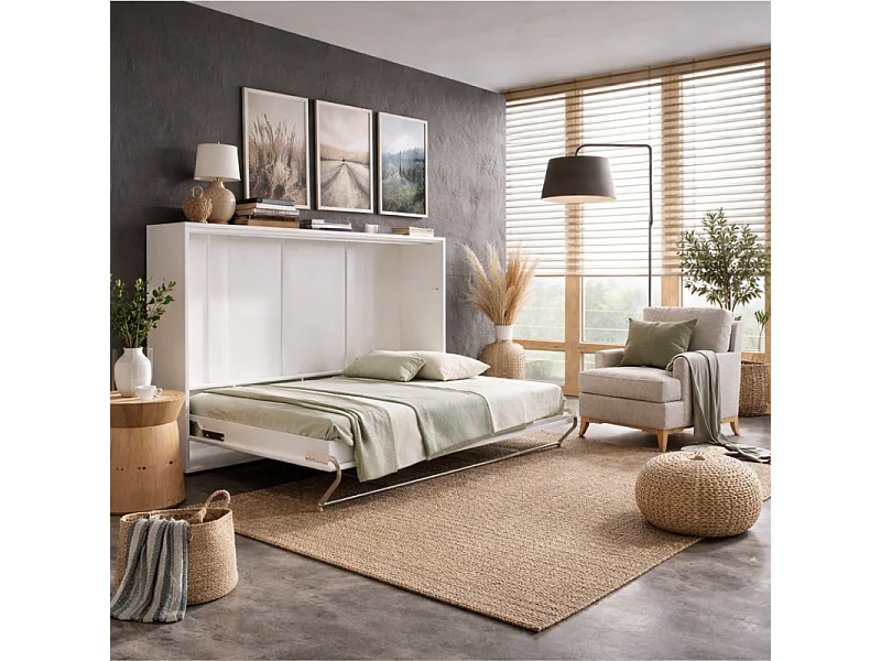 Lenart Armoire Lit escamotable Horizontal 90x200 cm Blanc brillant Lit Rabattable Lit Mural Consus pro