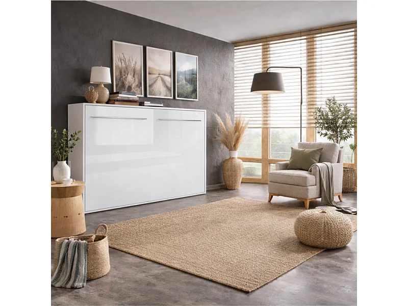 Lenart Armoire Lit escamotable Horizontal 90x200 cm Blanc brillant Lit Rabattable Lit Mural Consus pro