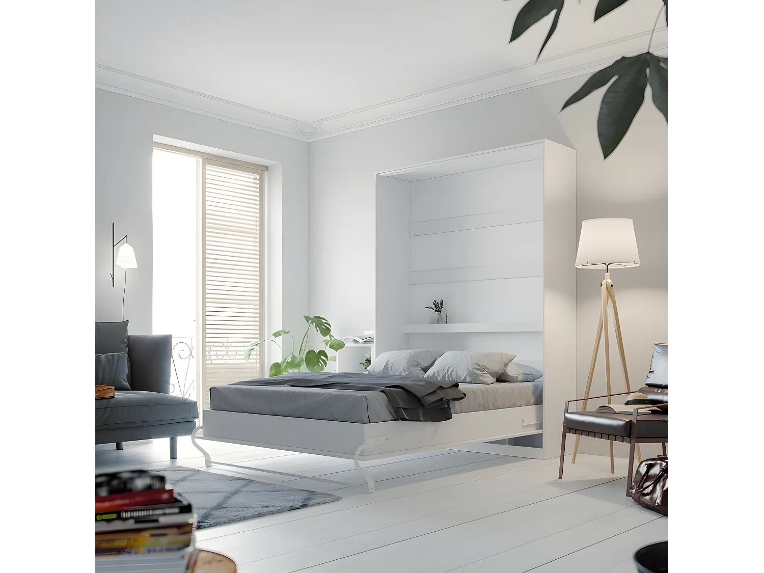 Lit escamotable +2 Placards Vertical 140x200+(80x2)cm Lit Rabattable Lit Mural Standard Blanc/blanc