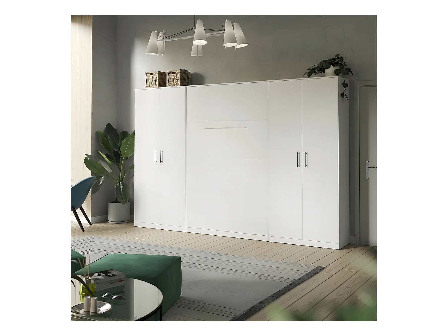 Lit escamotable +2 Placards Vertical 140x200+(80x2)cm Lit Rabattable Lit Mural Standard Blanc/blanc