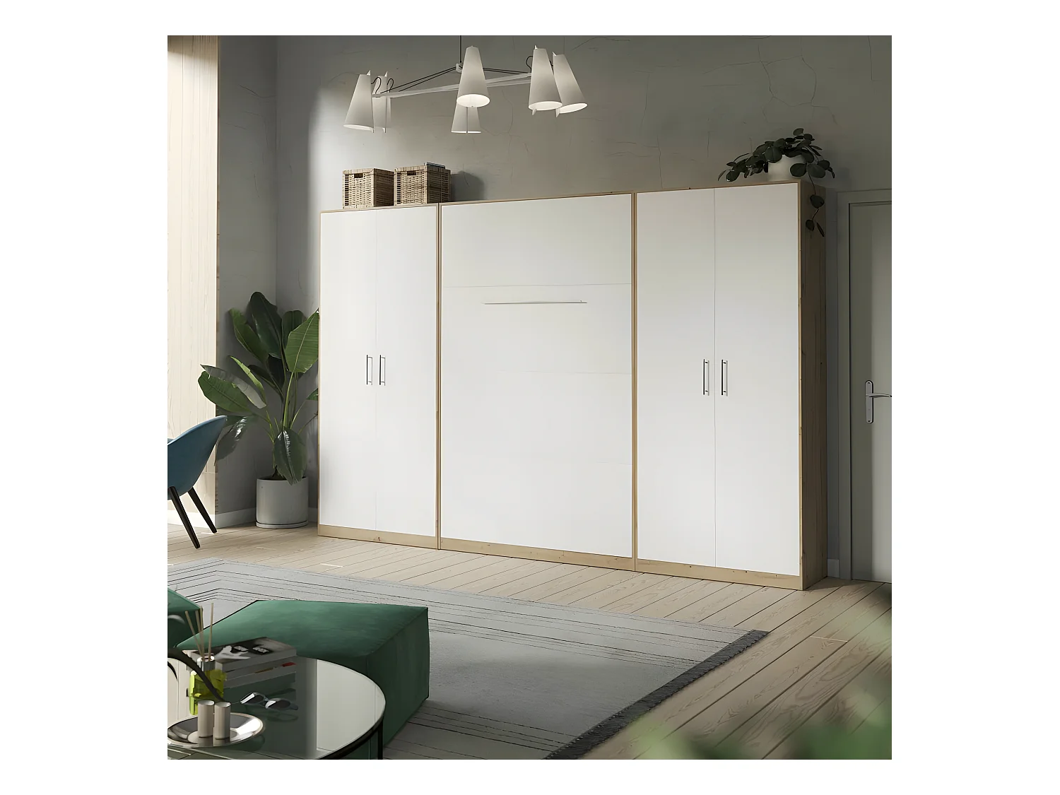 Lit escamotable +2 Placards Vertical 90x200+(80x2)cm Lit Rabattable Lit Mural Standard Chêne Sauvage/blanc