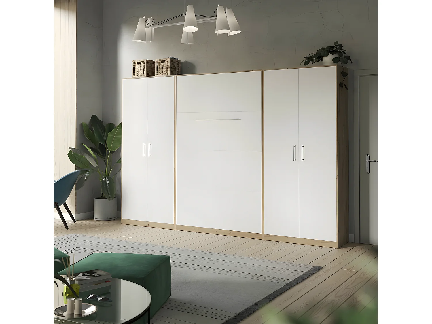 Lit escamotable +2 Placards Vertical 90x200+(80x2)cm Lit Rabattable Lit Mural Standard Chêne Sauvage/blanc