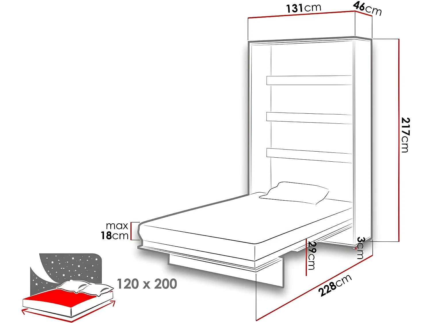 Lenart Armoire Lit escamotable Vertical 120x200 cm Blanc brillant Lit Rabattable Lit Mural"Consus"Lenart