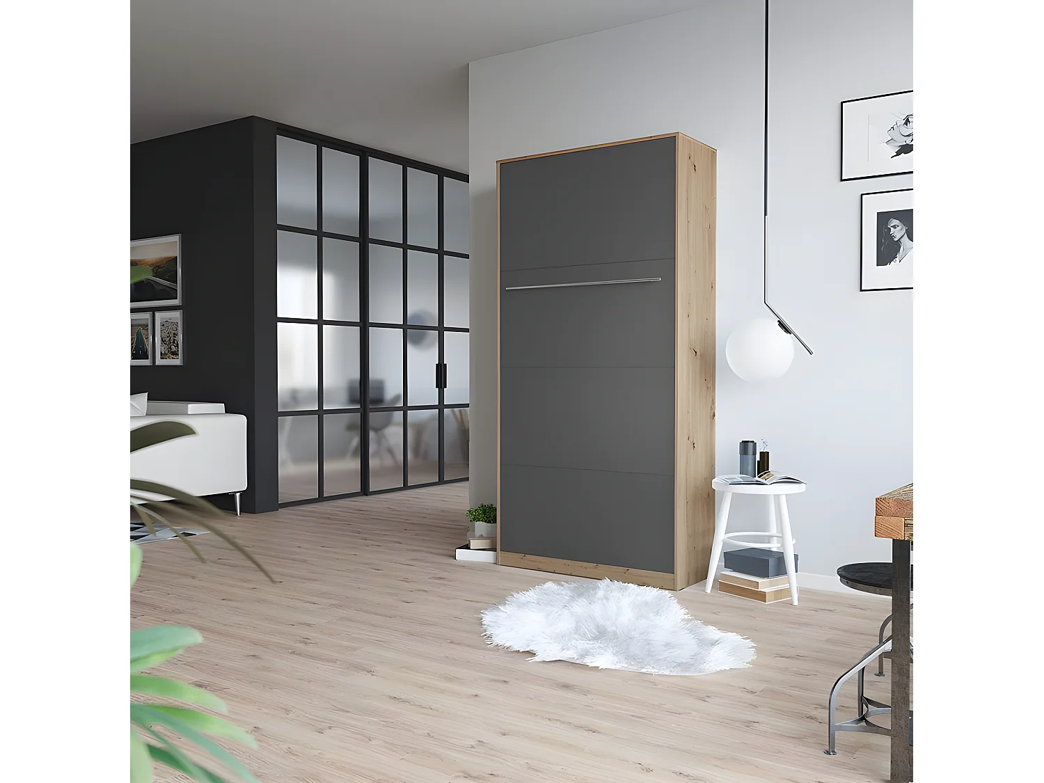 Armoire Lit escamotable 90x200cm Vertical Lit Rabattable Lit Mural Supérieur Chêne Sauvage/Anthracite
