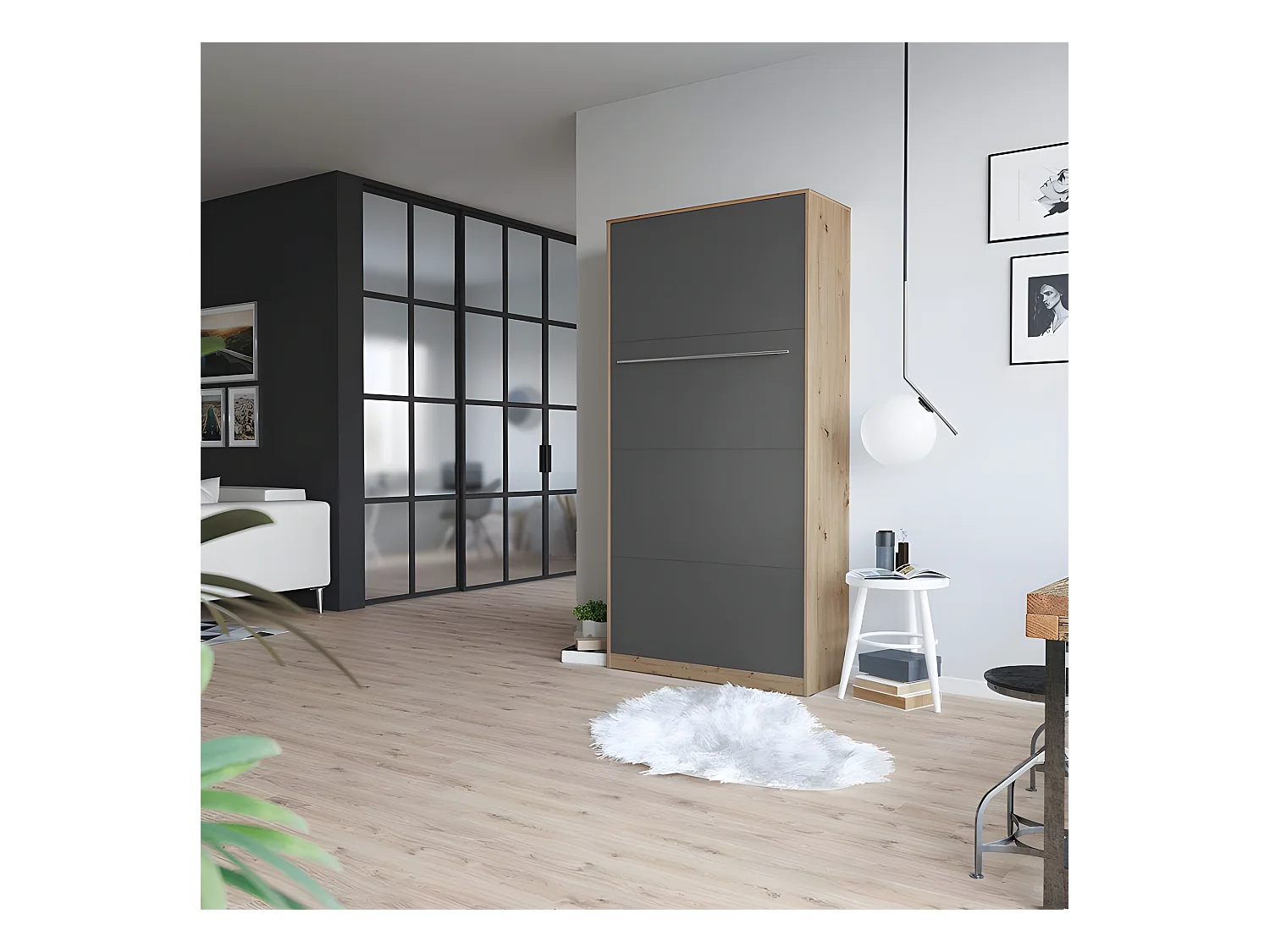 Armoire Lit escamotable 90x200cm Vertical Lit Rabattable Lit Mural Supérieur Chêne Sauvage/Anthracite