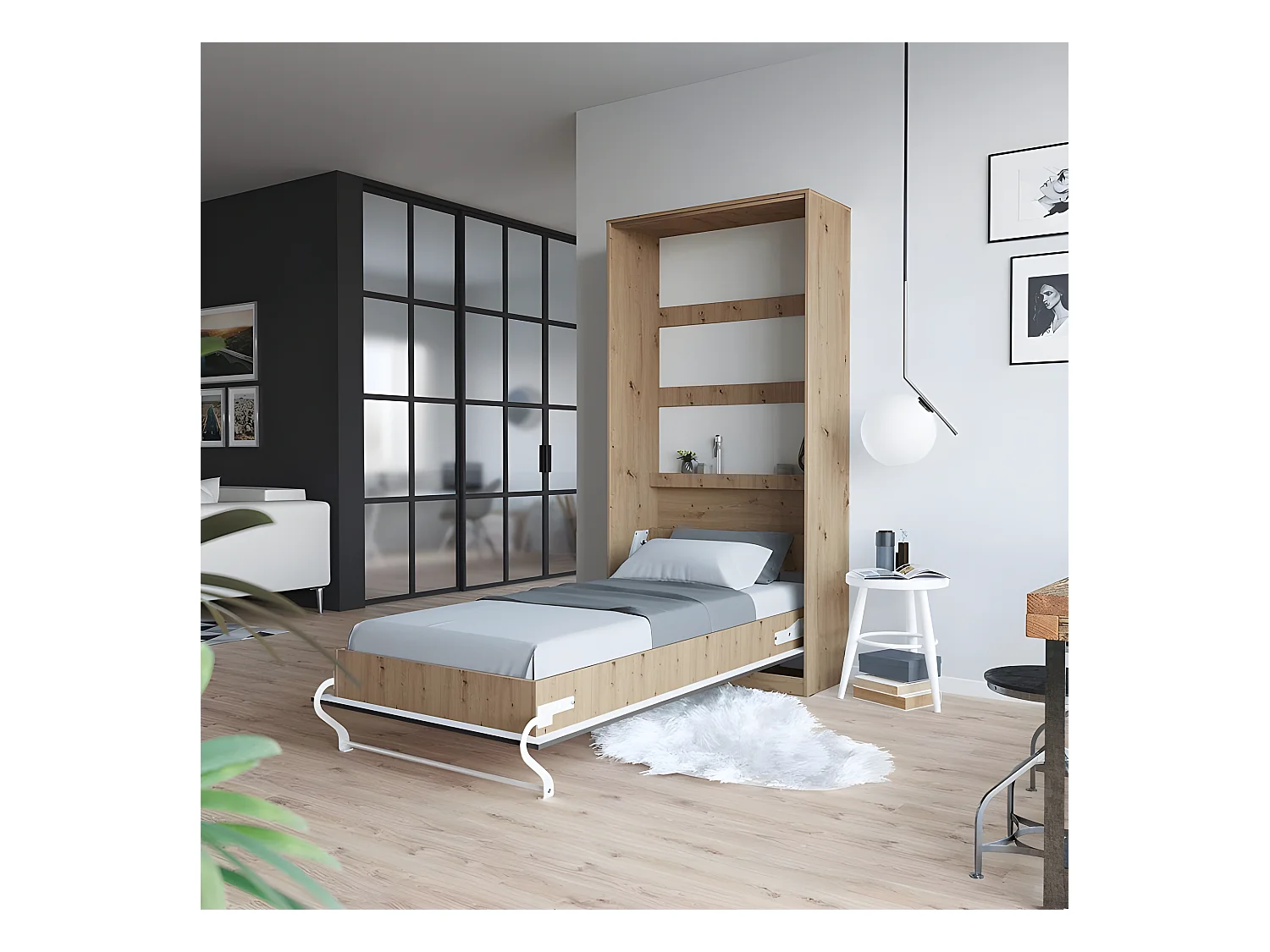 Armoire Lit escamotable 90x200cm Vertical Lit Rabattable Lit Mural Supérieur Chêne Sauvage/Anthracite