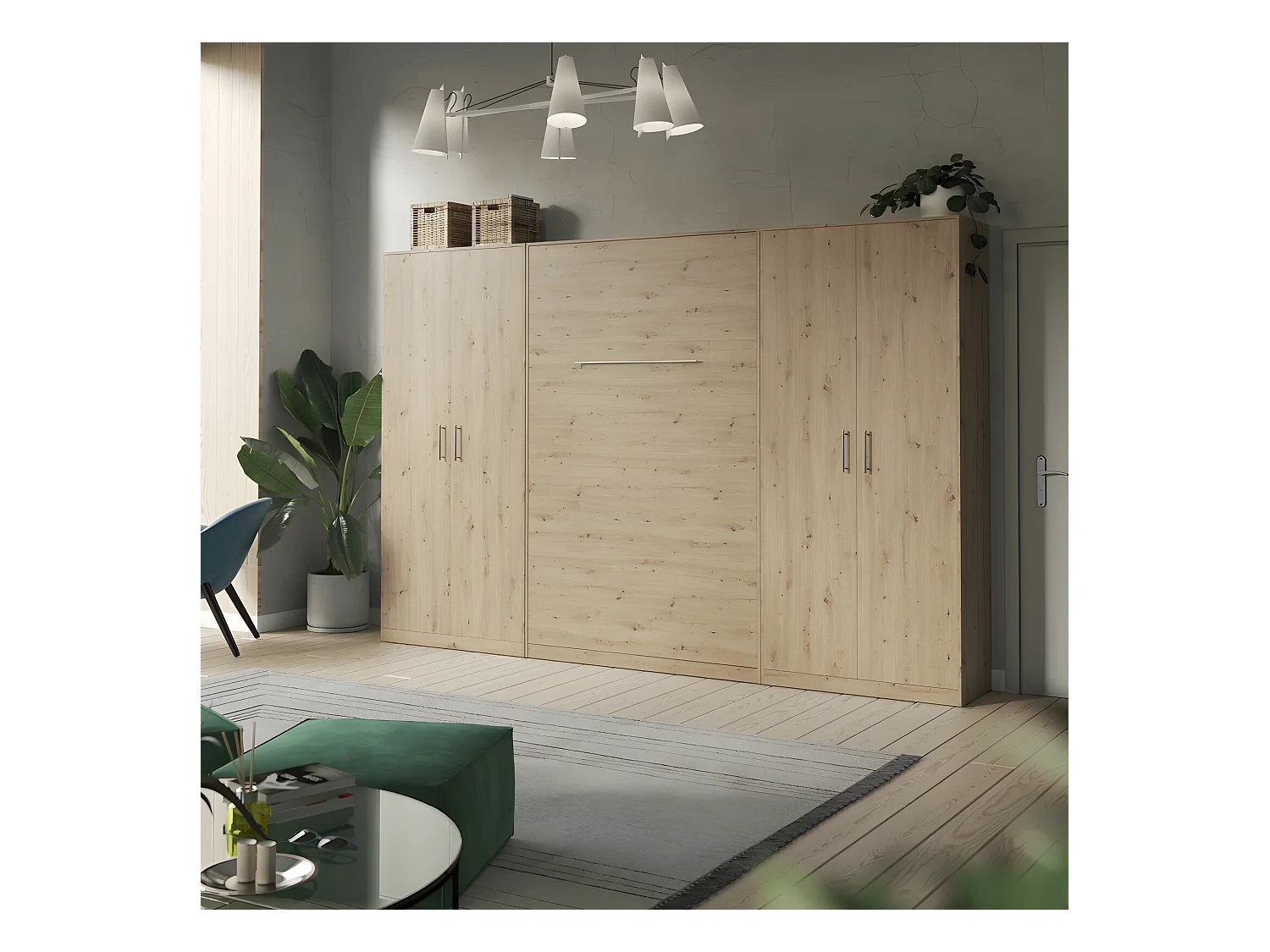 Lit escamotable +2 Placards Vertical 140x200+(100x2)cm Lit Rabattable Lit Mural Standard Chêne Sauvage/Chêne Sauvage
