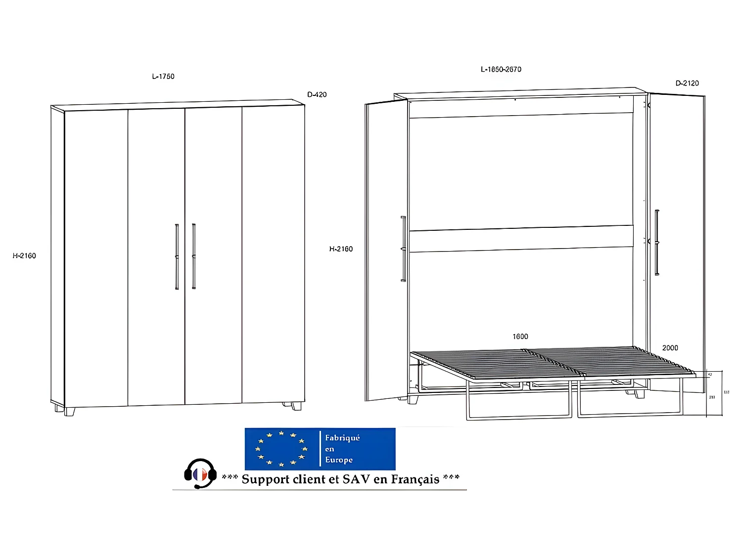Armoire Lit escamotable Vertical 160x200 cm Sonoma artisan avec porte Lit Rabattable Lit Mural Todor