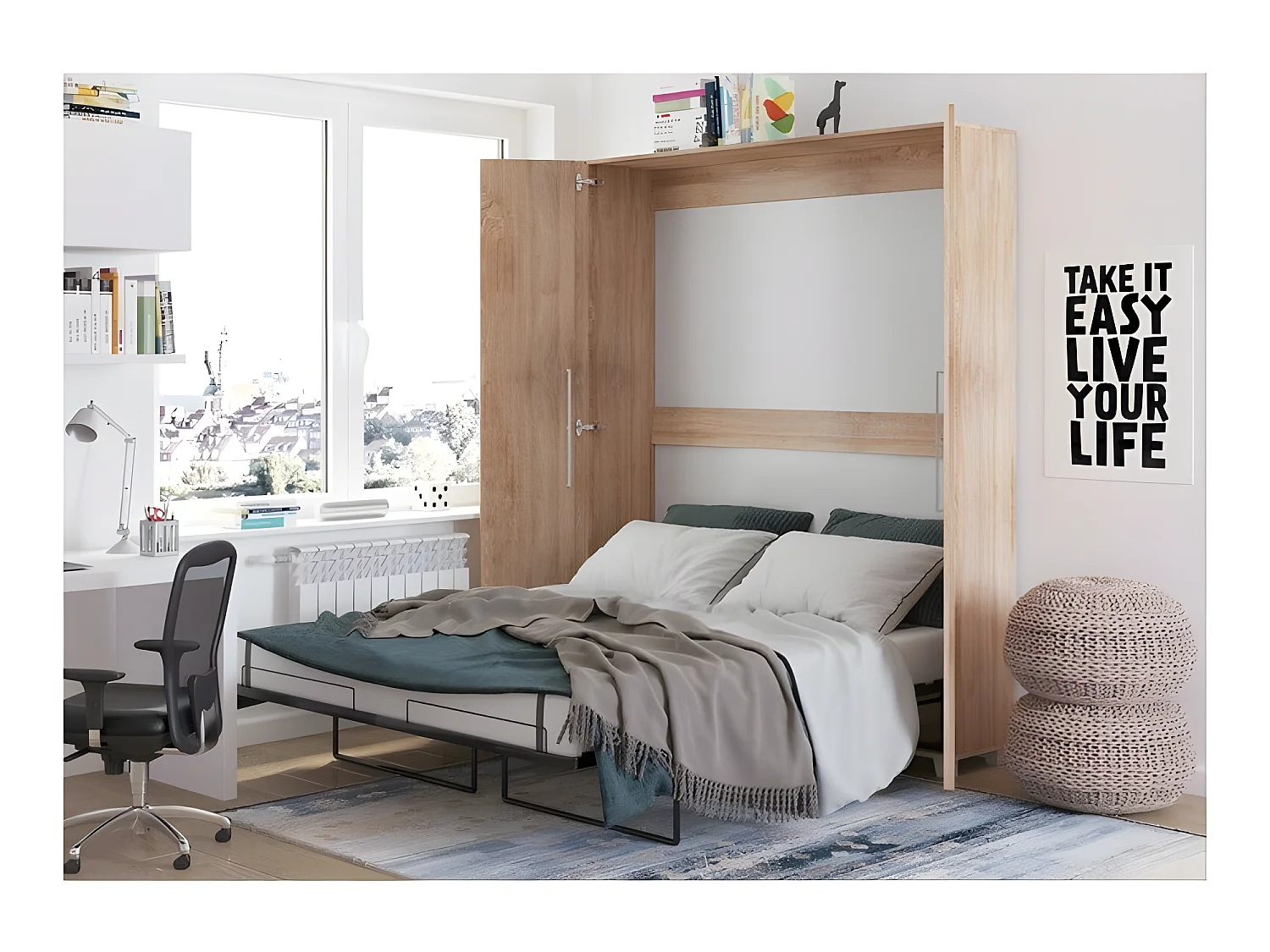 Armoire Lit escamotable Vertical 160x200 cm Sonoma artisan avec porte Lit Rabattable Lit Mural Todor