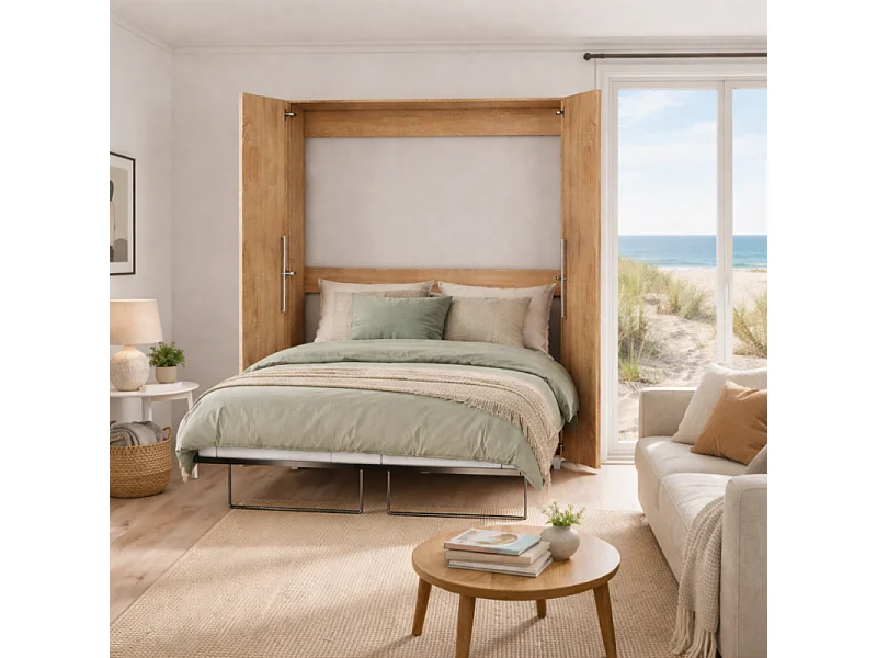 Armoire Lit escamotable Vertical 160x200 cm Sonoma artisan avec porte Lit Rabattable Lit Mural Todor