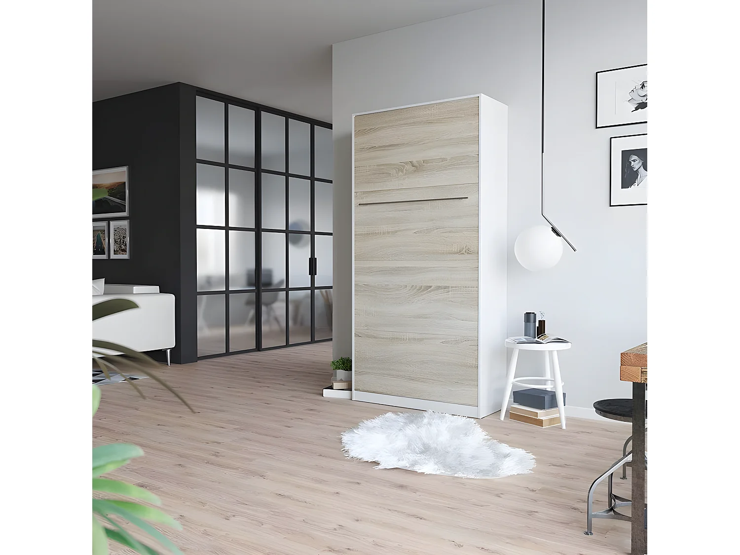 Armoire Lit escamotable 90x200cm Vertical Lit Rabattable Lit Mural Supérieur Blanc /Chêne Sonoma