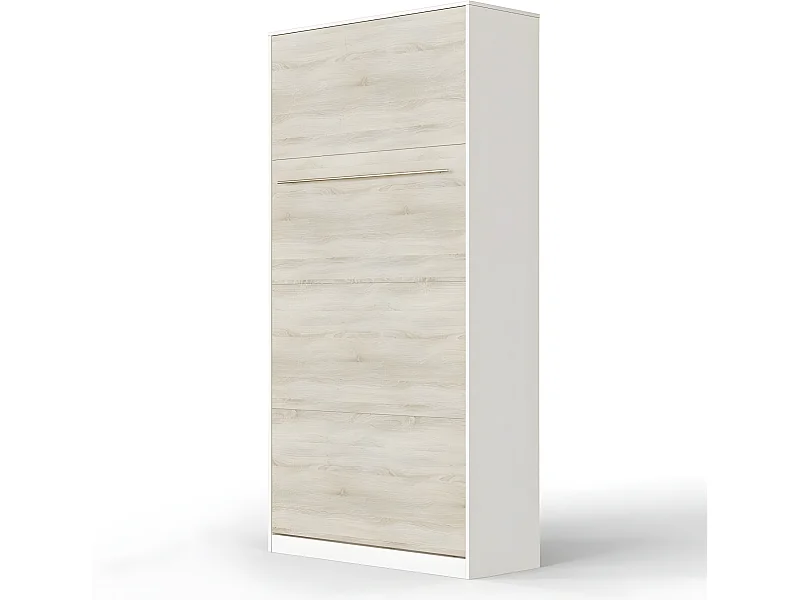 Armoire Lit escamotable 90x200cm Vertical Lit Rabattable Lit Mural Supérieur Blanc /Chêne Sonoma