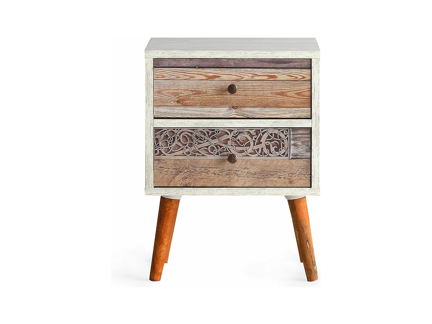 Table de chevet 1 tiroir Kana L40xH55cm Motif Planche en bois clair et Blanc