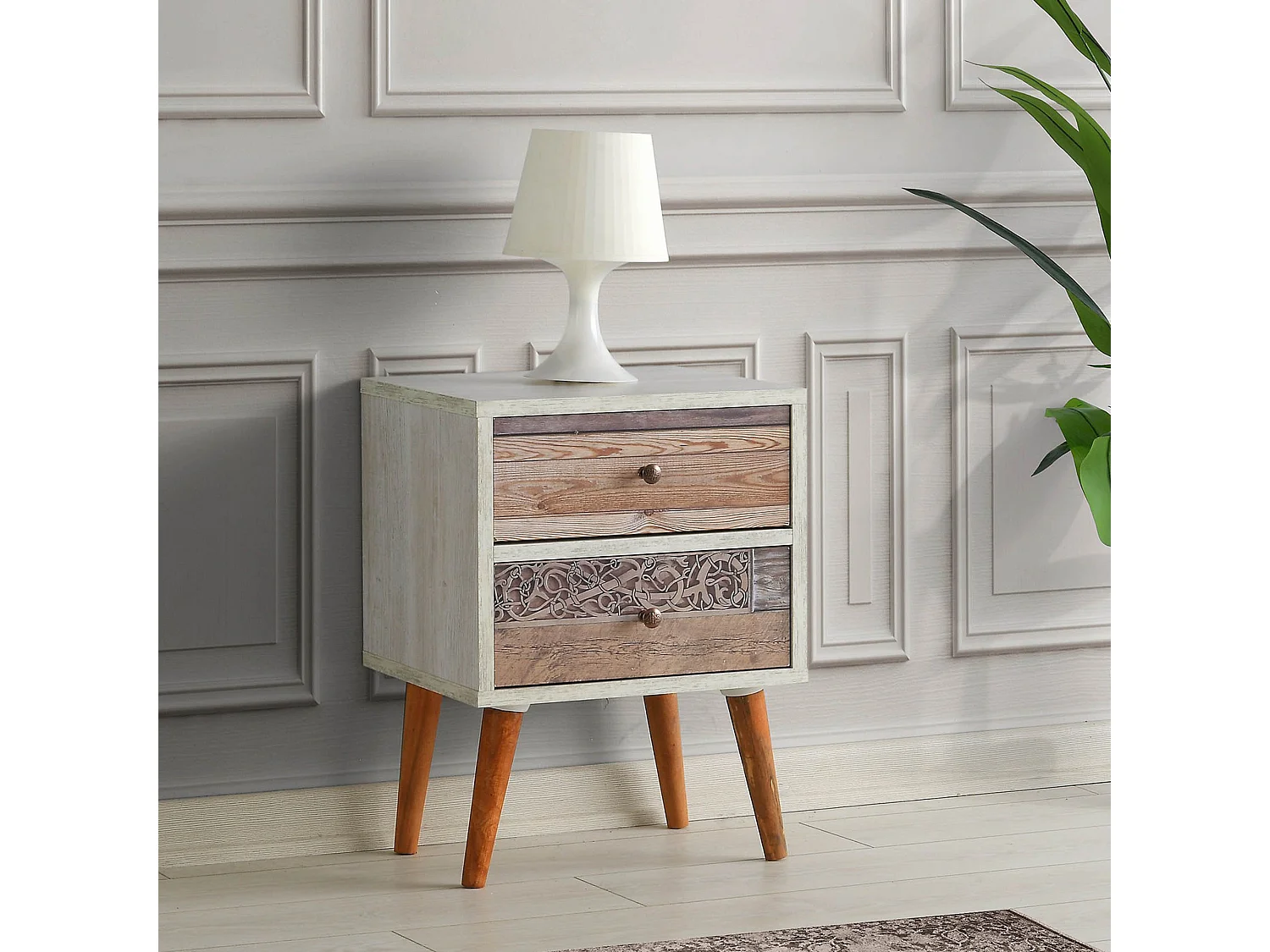 Mesilla de noche Kailua 150, Blanco|Nuez, Número de cajones: 2.00, 55x40x35cm