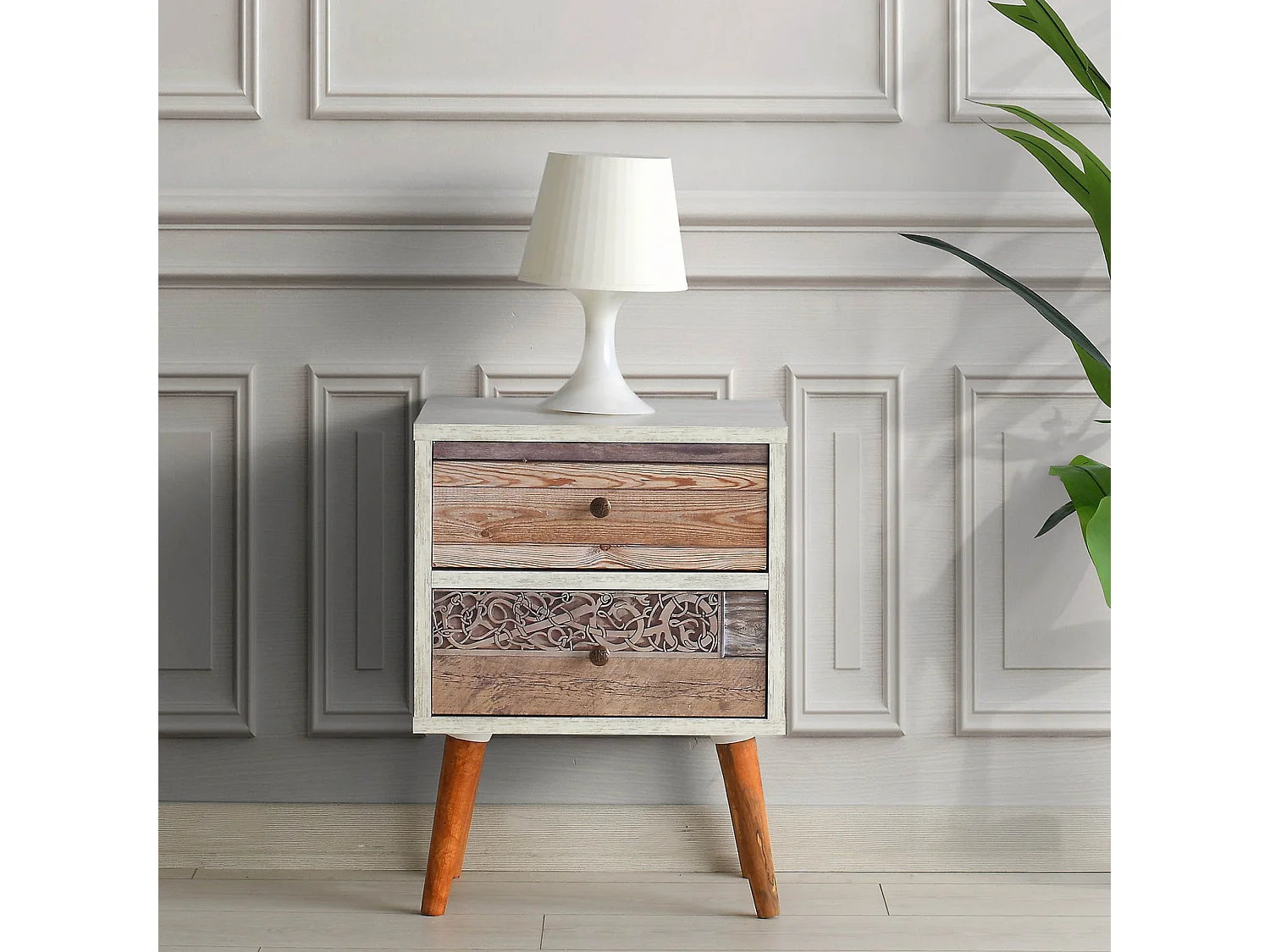 Mesilla de noche Kailua 150, Blanco|Nuez, Número de cajones: 2.00, 55x40x35cm