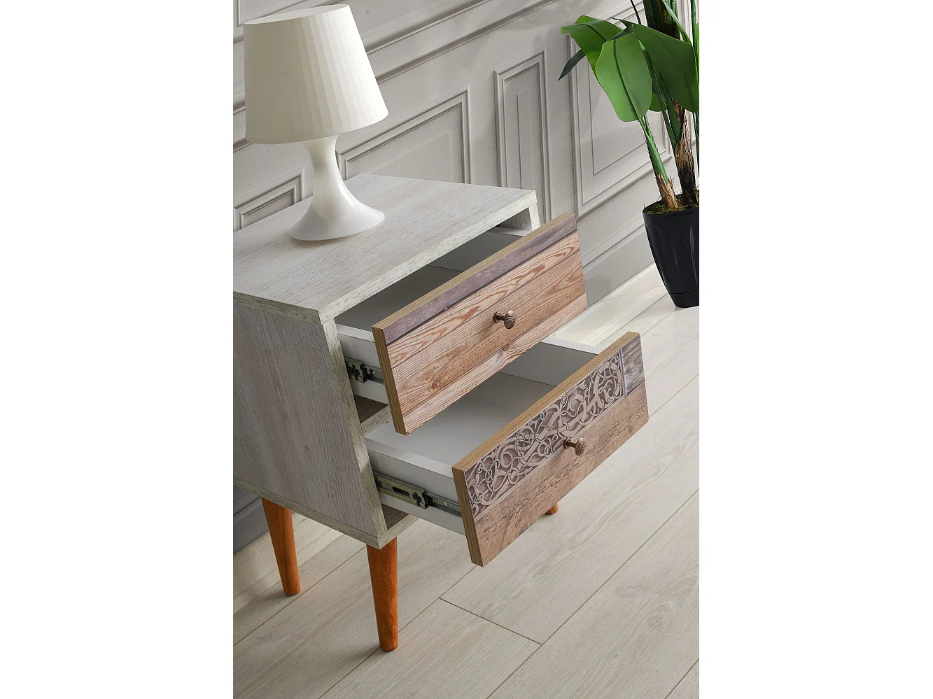 Mesilla de noche Kailua 150, Blanco|Nuez, Número de cajones: 2.00, 55x40x35cm