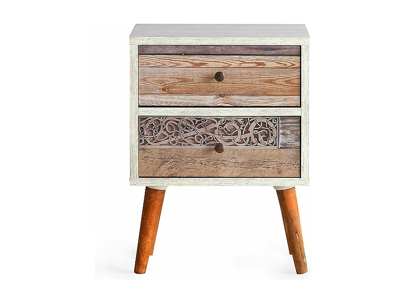 Table de chevet 1 tiroir Kana L40xH55cm Motif Planche en bois clair et Blanc