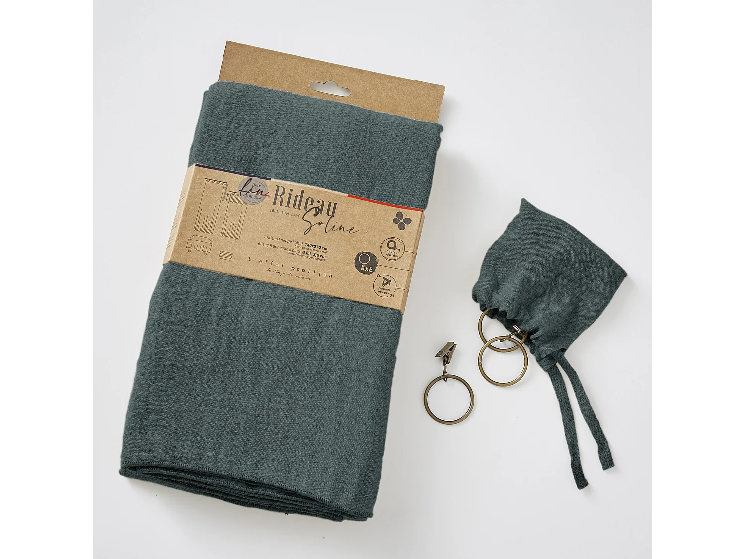 Rideau à pinces ajustable lin 140x270 cm gris