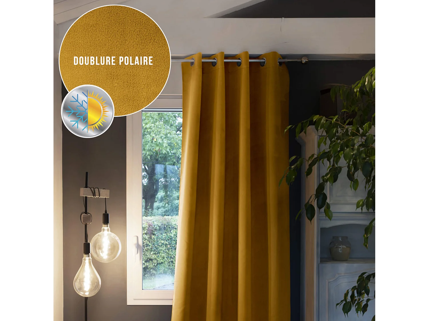 Rideau occultant thermique à œillets jaune 140x260