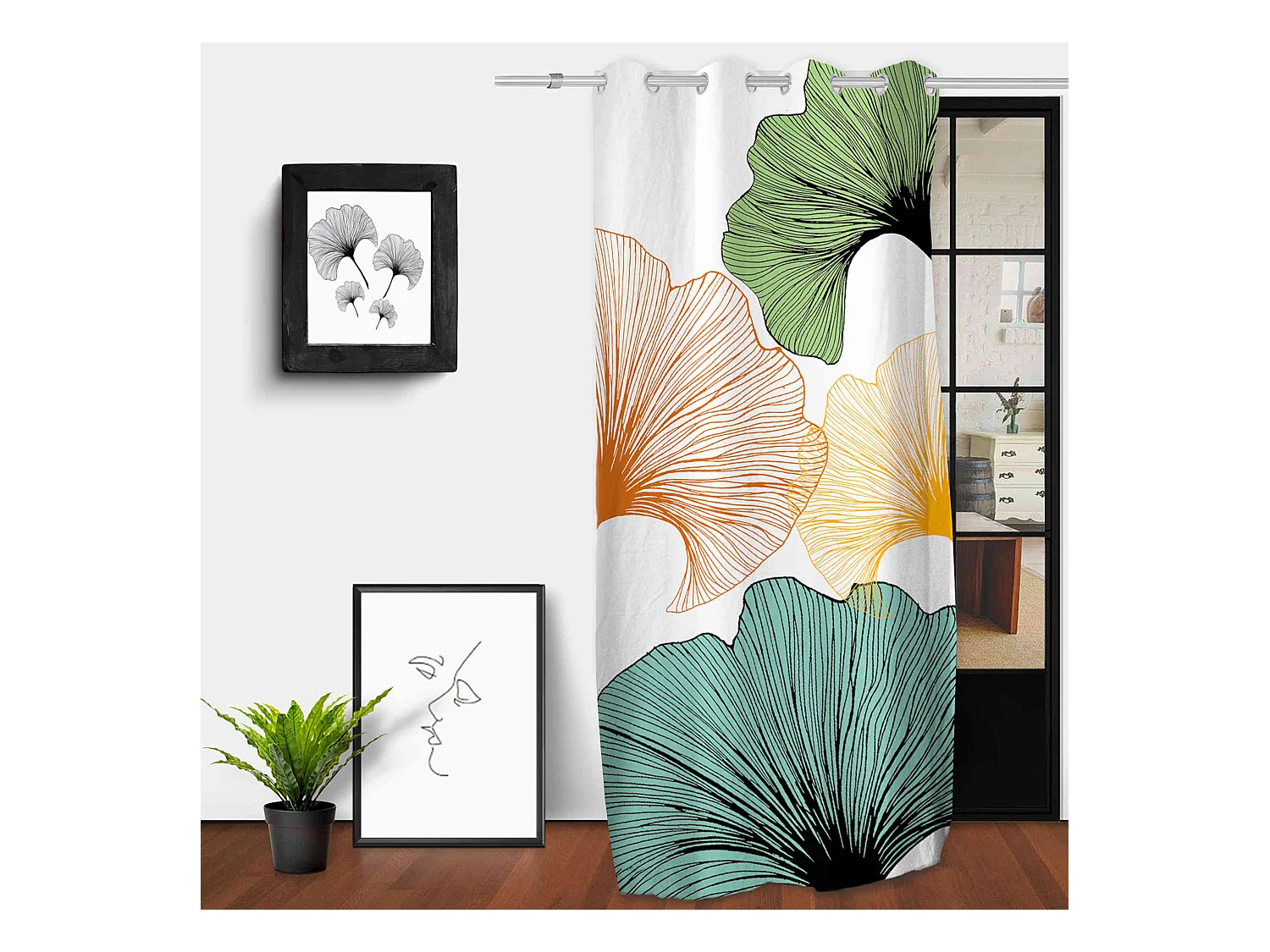 Rideau à œillets Ginkgo imprimé placé 132x250 cm