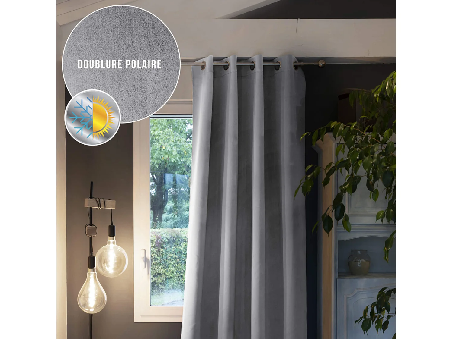 Rideau occultant thermique à œillets gris 140x260
