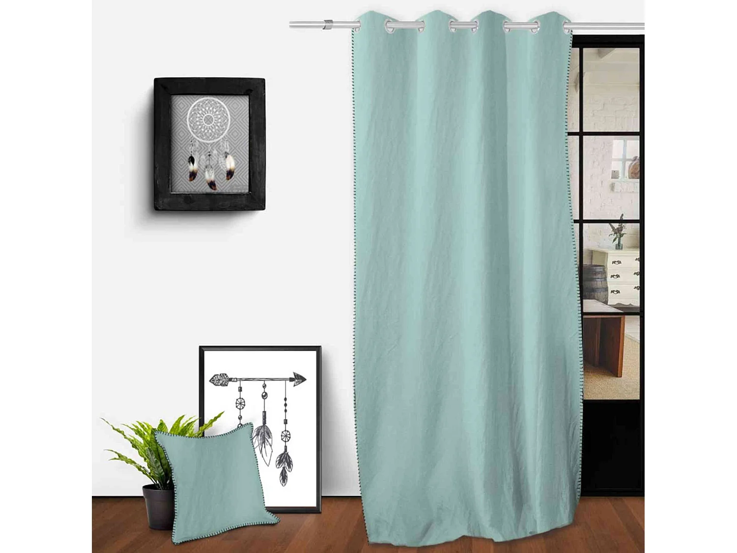 Cortina con ojales en algodón lavado 135x250 cm SPIRIT water green